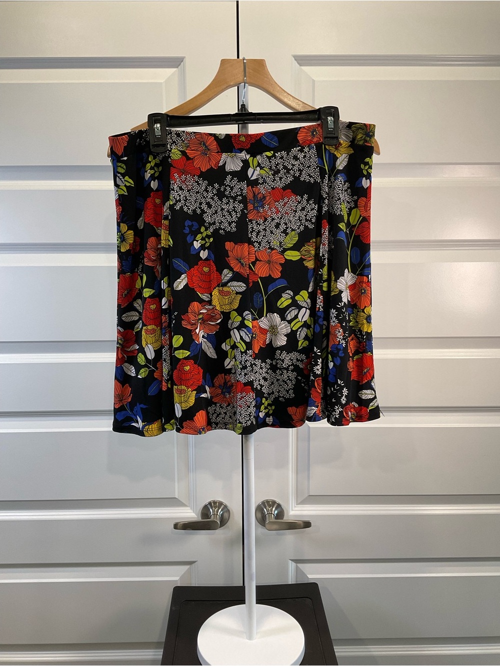 Susan Graver Black Floral A-Line Skirt with Red, White & Blue Flowers